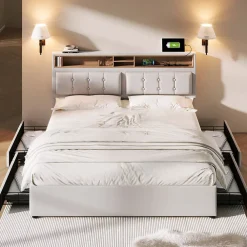 Gutent Lit adulte lit 140x200 cm lit rembourré avec quatre tiroirs avec sommier à lattes en bois lit double lin beige* Lit Avec Rangement