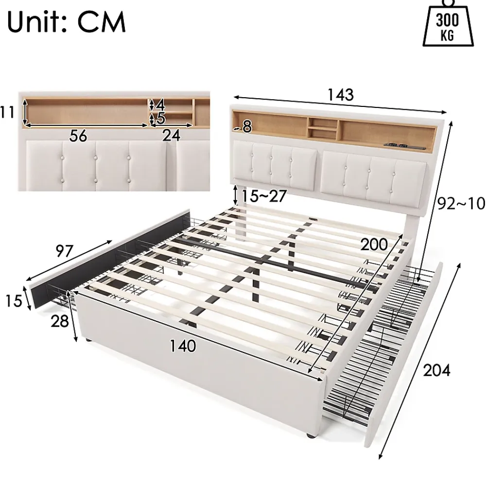 Gutent Lit adulte lit 140x200 cm lit rembourré avec quatre tiroirs avec sommier à lattes en bois lit double lin beige* Lit Avec Rangement