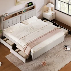 Gutent Lit adulte lit 140x200 cm lit rembourré avec quatre tiroirs avec sommier à lattes en bois lit double lin beige* Lit Avec Rangement