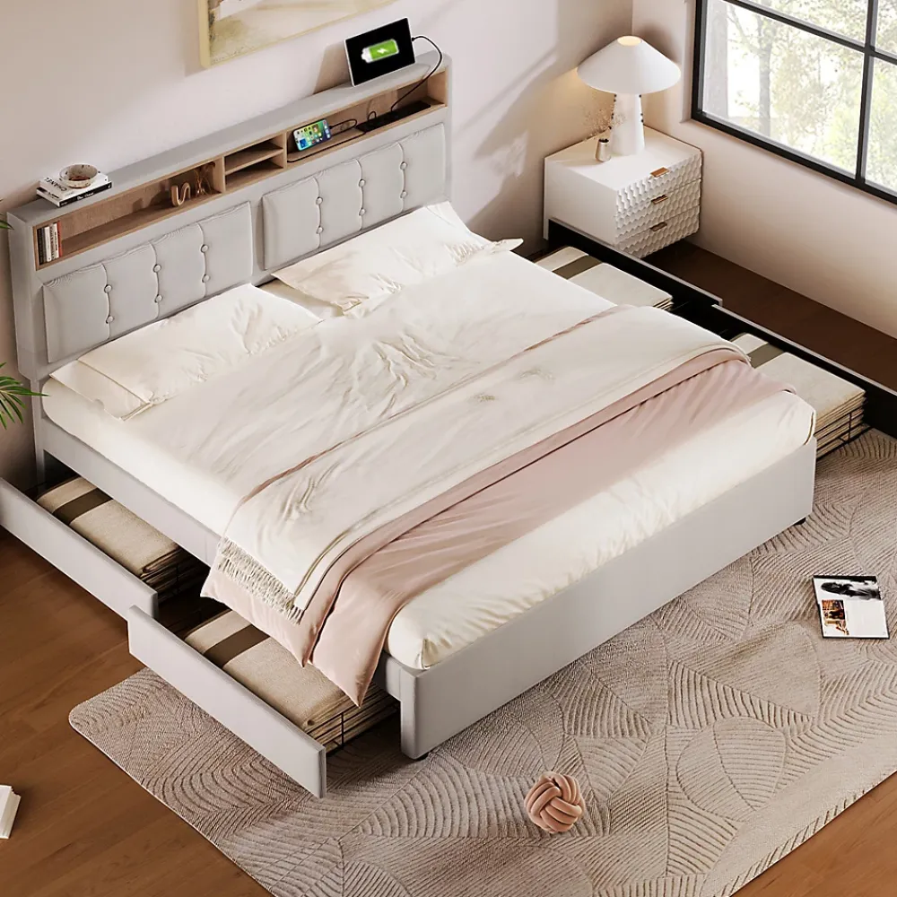 Gutent Lit adulte lit 140x200 cm lit rembourré avec quatre tiroirs avec sommier à lattes en bois lit double lin beige* Lit Avec Rangement