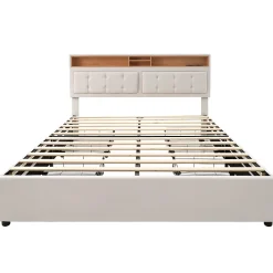 Gutent Lit adulte lit 140x200 cm lit rembourré avec quatre tiroirs avec sommier à lattes en bois lit double lin beige* Lit Avec Rangement