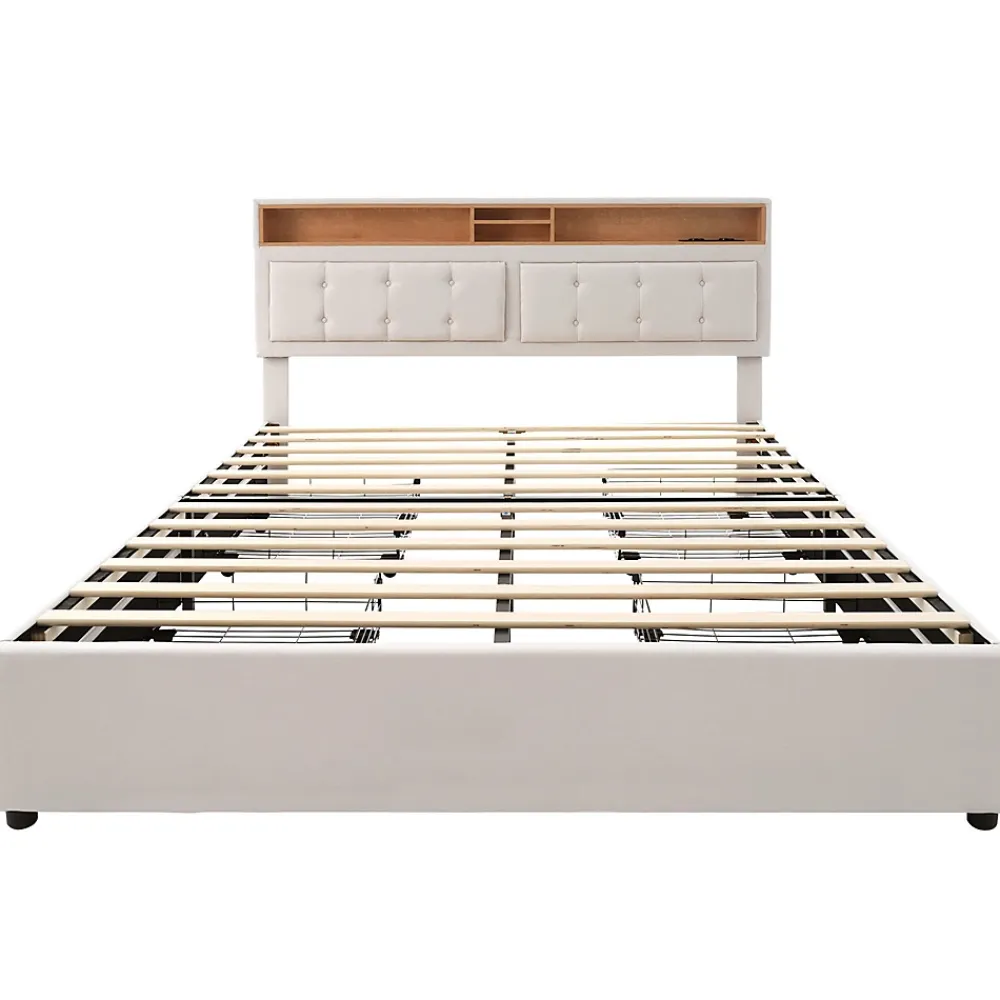 Gutent Lit adulte lit 140x200 cm lit rembourré avec quatre tiroirs avec sommier à lattes en bois lit double lin beige* Lit Avec Rangement