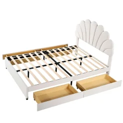 Gutent Lit adulte lit 140x200 cm lit rembourré lit cadre à lamelles lit 4 compartiments de rangement lit double velours beige* Lit Avec Rangement