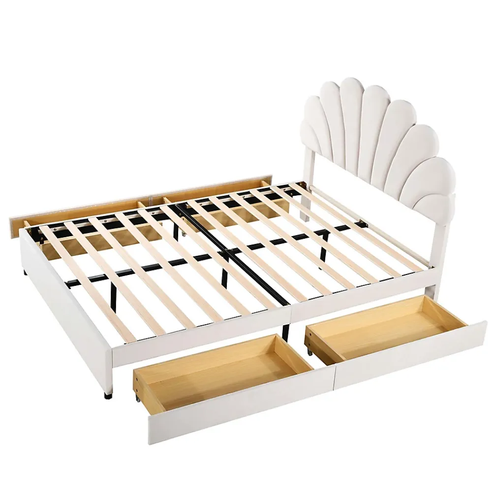 Gutent Lit adulte lit 140x200 cm lit rembourré lit cadre à lamelles lit 4 compartiments de rangement lit double velours beige* Lit Avec Rangement