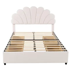 Gutent Lit adulte lit 140x200 cm lit rembourré lit cadre à lamelles lit 4 compartiments de rangement lit double velours beige* Lit Avec Rangement