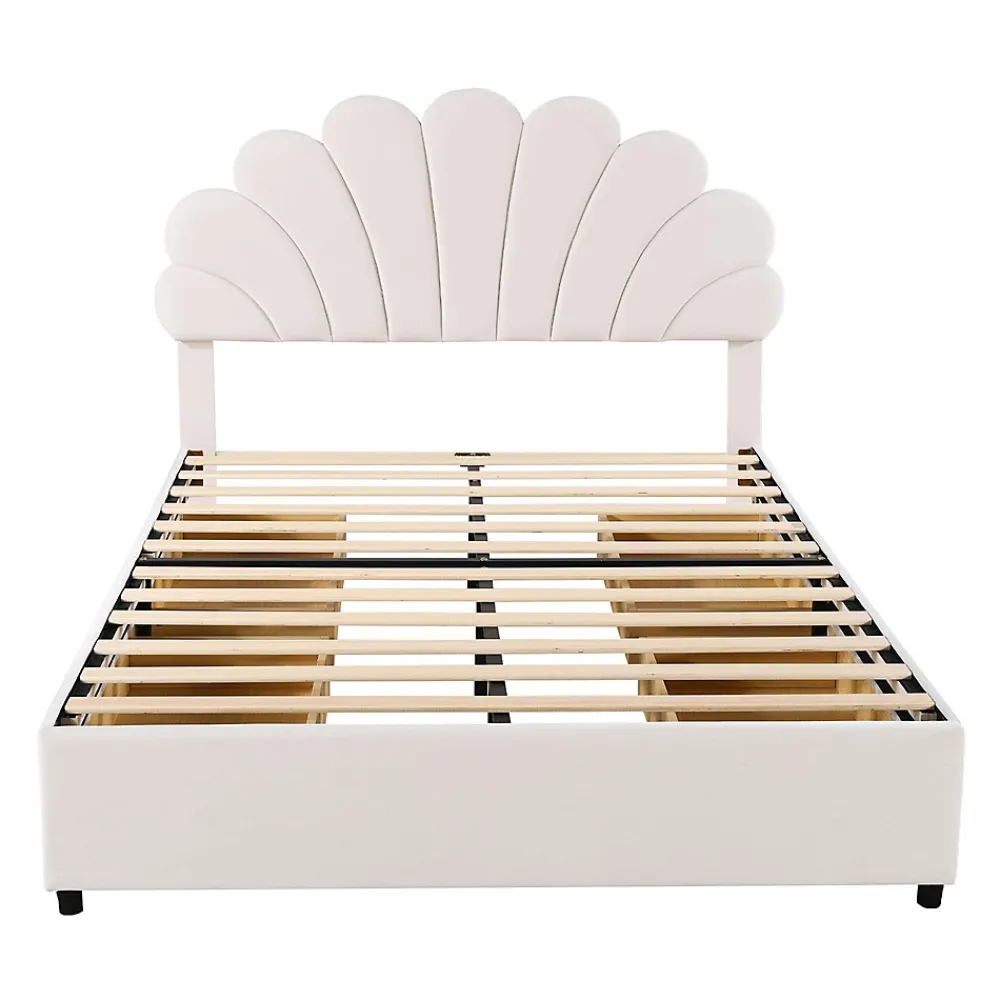 Gutent Lit adulte lit 140x200 cm lit rembourré lit cadre à lamelles lit 4 compartiments de rangement lit double velours beige* Lit Avec Rangement