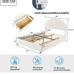 Gutent Lit adulte lit 140x200 cm lit rembourré lit cadre à lamelles lit 4 compartiments de rangement lit double velours beige* Lit Avec Rangement