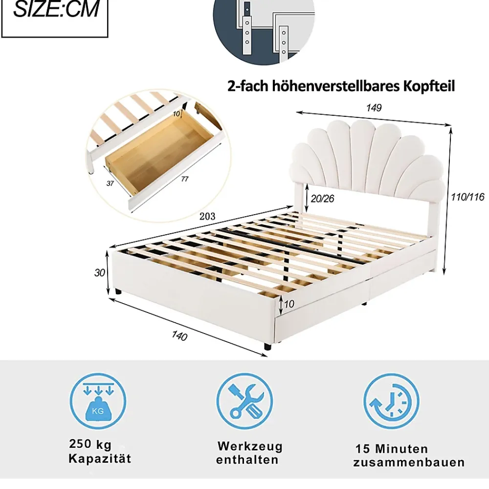 Gutent Lit adulte lit 140x200 cm lit rembourré lit cadre à lamelles lit 4 compartiments de rangement lit double velours beige* Lit Avec Rangement