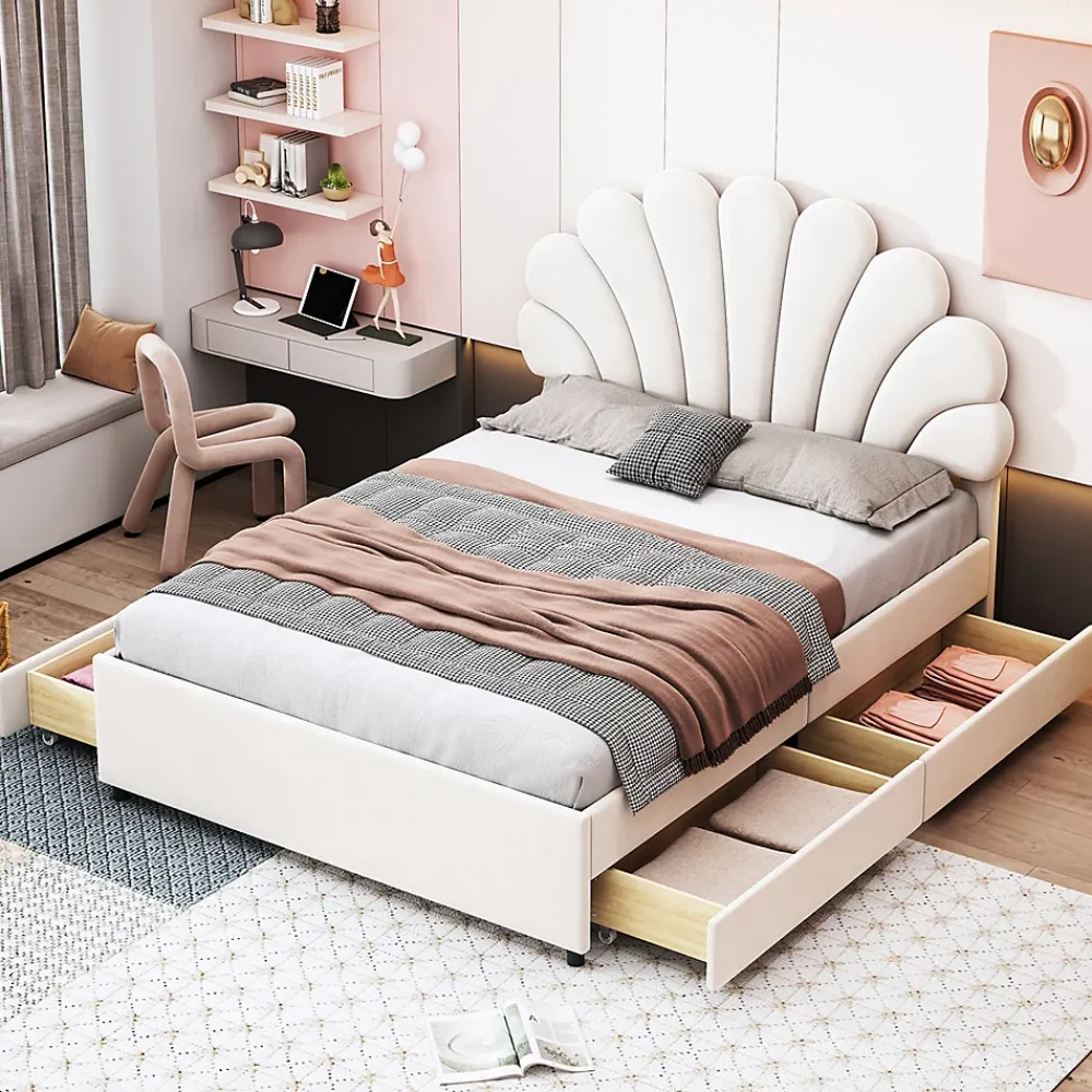 Gutent Lit adulte lit 140x200 cm lit rembourré lit cadre à lamelles lit 4 compartiments de rangement lit double velours beige* Lit Avec Rangement