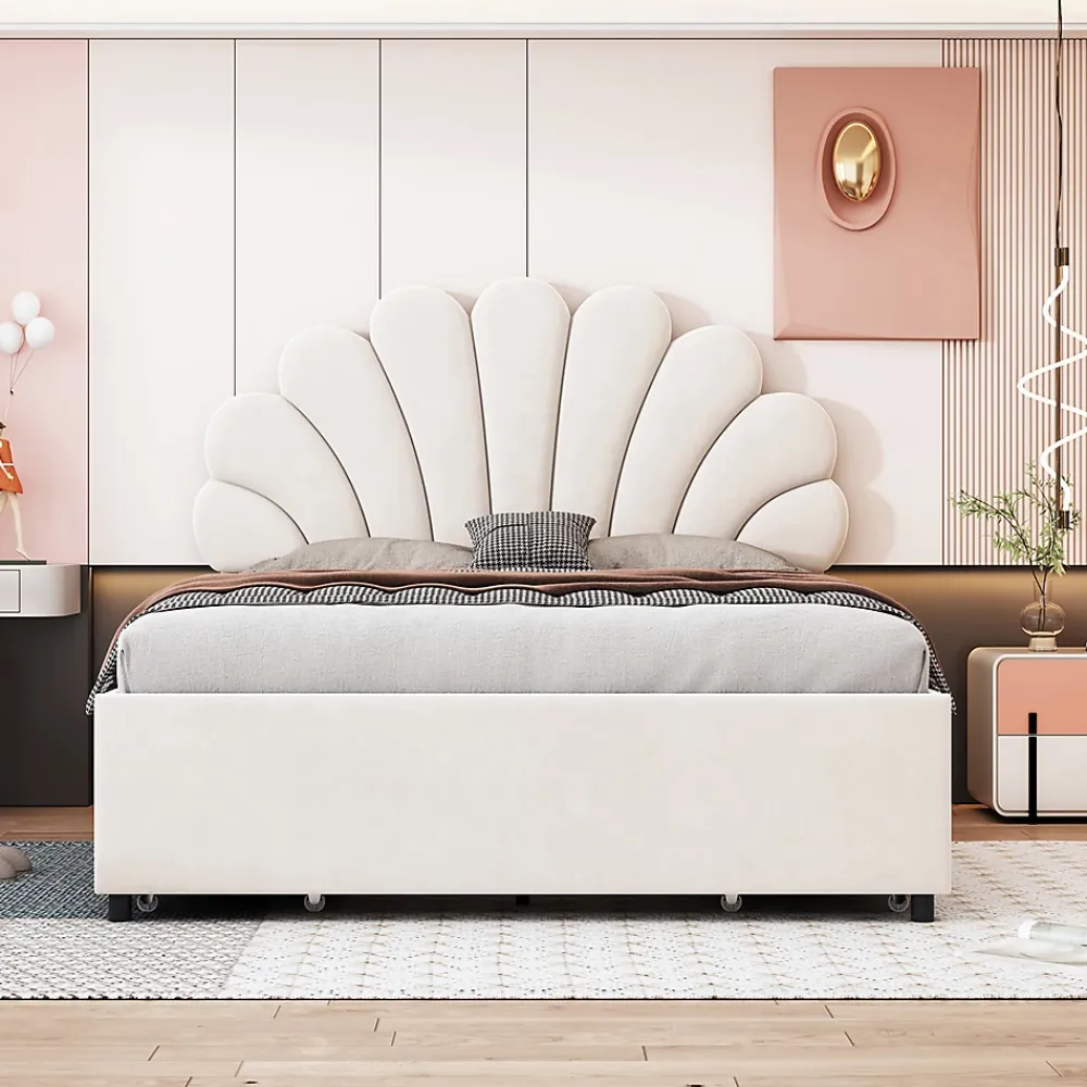 Gutent Lit adulte lit 140x200 cm lit rembourré lit cadre à lamelles lit 4 compartiments de rangement lit double velours beige* Lit Avec Rangement