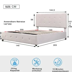 Gutent Lit adulte lit 140x200 cm lit rembourré hydraulique lit de rangement lit double velours blanc crème* Lit Avec Rangement