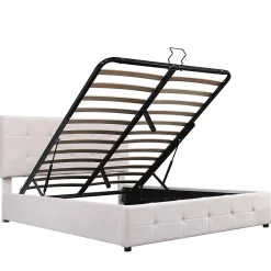 Gutent Lit adulte lit 140x200 cm lit rembourré hydraulique lit de rangement lit double velours blanc crème* Lit Avec Rangement