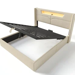 Lit adulte lit 160x200 cm lit rembourré lit de rangement lit sommier à lattes en bois lit double lin beige><noscript><img width=