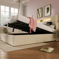Lit adulte lit 160x200 cm lit rembourré lit de rangement lit sommier à lattes en bois lit double lin beige><noscript><img width=