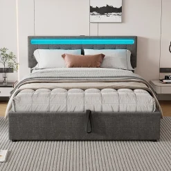 Lit adulte lit 160x200 cm lit rembourré lit de rangement avec lumière ambiante lit double lin gris>Gutent