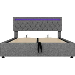 Lit adulte lit 160x200 cm lit rembourré lit de rangement avec lumière ambiante lit double lin gris>Gutent