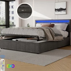 Lit adulte lit 160x200 cm lit rembourré lit de rangement avec lumière ambiante lit double lin gris><noscript><img width=