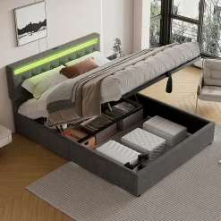 Lit adulte lit 160x200 cm lit rembourré lit de rangement avec lumière ambiante lit double lin gris><noscript><img width=