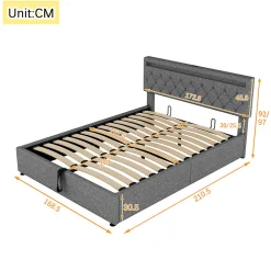 Lit adulte lit 160x200 cm lit rembourré lit de rangement avec lumière ambiante lit double lin gris><noscript><img width=