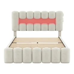 Gutent Lit adulte lit 160x200 cm lit rembourré avec barre lumineuse led lit 4 tiroirs avec usb et chaîne stéréo lit double velours beige* Lit Avec Rangement