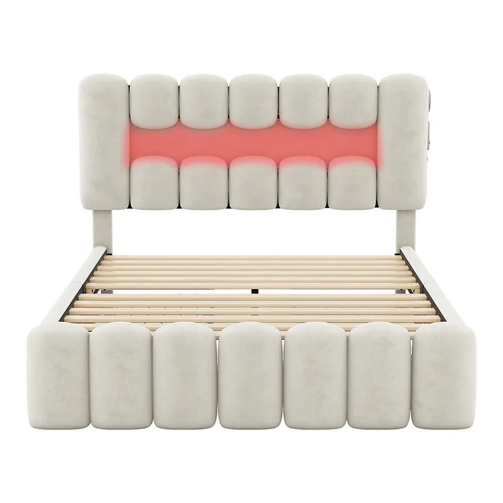Gutent Lit adulte lit 160x200 cm lit rembourré avec barre lumineuse led lit 4 tiroirs avec usb et chaîne stéréo lit double velours beige* Lit Avec Rangement
