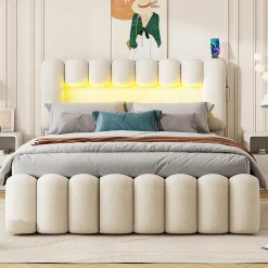 Gutent Lit adulte lit 160x200 cm lit rembourré avec barre lumineuse led lit 4 tiroirs avec usb et chaîne stéréo lit double velours beige* Lit Avec Rangement
