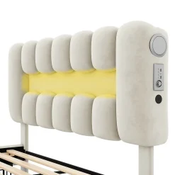 Gutent Lit adulte lit 160x200 cm lit rembourré avec barre lumineuse led lit 4 tiroirs avec usb et chaîne stéréo lit double velours beige* Lit Avec Rangement