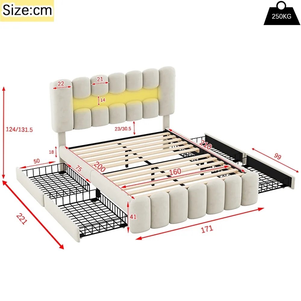 Gutent Lit adulte lit 160x200 cm lit rembourré avec barre lumineuse led lit 4 tiroirs avec usb et chaîne stéréo lit double velours beige* Lit Avec Rangement