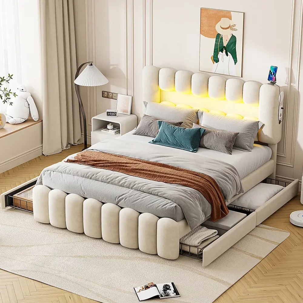 Gutent Lit adulte lit 160x200 cm lit rembourré avec barre lumineuse led lit 4 tiroirs avec usb et chaîne stéréo lit double velours beige* Lit Avec Rangement