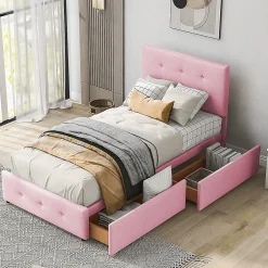 Lit adulte lit 90x200 cm lit rembourré lit 2 tiroirs lit sommier à lattes Single tissu en velours rose>Gutent New