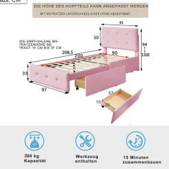 Lit adulte lit 90x200 cm lit rembourré lit 2 tiroirs lit sommier à lattes Single tissu en velours rose><noscript><img width=