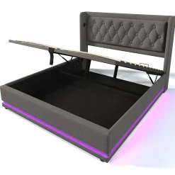 Lit adulte lit 140x200 cm lit rembourré hydraulique lit de rangement lit double coton gris><noscript><img width=