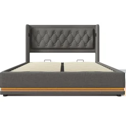 Lit adulte lit 160x200 cm lit rembourré hydraulique lit de rangement lit double coton gris>Gutent Discount
