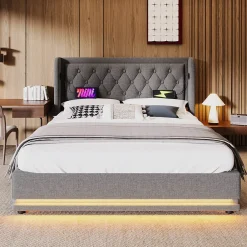 Lit adulte lit 160x200 cm lit rembourré hydraulique lit de rangement lit double coton gris><noscript><img width=