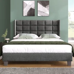 Lit adulte lit 140x200 cm lit rembourré lit sommier à lattes lit double lin gris>Gutent Online