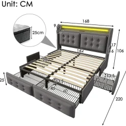 Gutent Lit adulte lit 160x200 cm lit rembourré lit 4 tiroirs lit de rangement avec sommier à lattes en bois lit double coton lin gris* Lit Double
