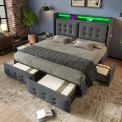 Gutent Lit adulte lit 160x200 cm lit rembourré lit 4 tiroirs lit de rangement avec sommier à lattes en bois lit double coton lin gris* Lit Double