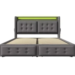 Gutent Lit adulte lit 160x200 cm lit rembourré lit 4 tiroirs lit de rangement avec sommier à lattes en bois lit double coton lin gris* Lit Double