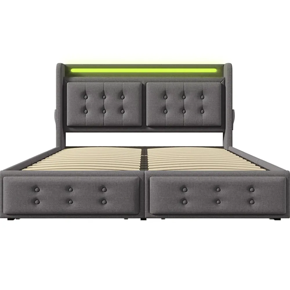 Gutent Lit adulte lit 160x200 cm lit rembourré lit 4 tiroirs lit de rangement avec sommier à lattes en bois lit double coton lin gris* Lit Double