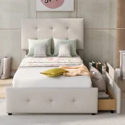 Gutent Lit adulte lit 90x200 cm lit rembourré lit 2 tiroirs lit sommier à lattes Single tissu en velours beige* Lit Simple