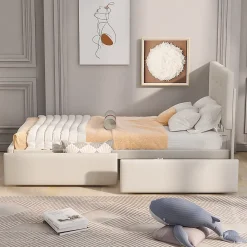 Gutent Lit adulte lit 90x200 cm lit rembourré lit 2 tiroirs lit sommier à lattes Single tissu en velours beige* Lit Simple