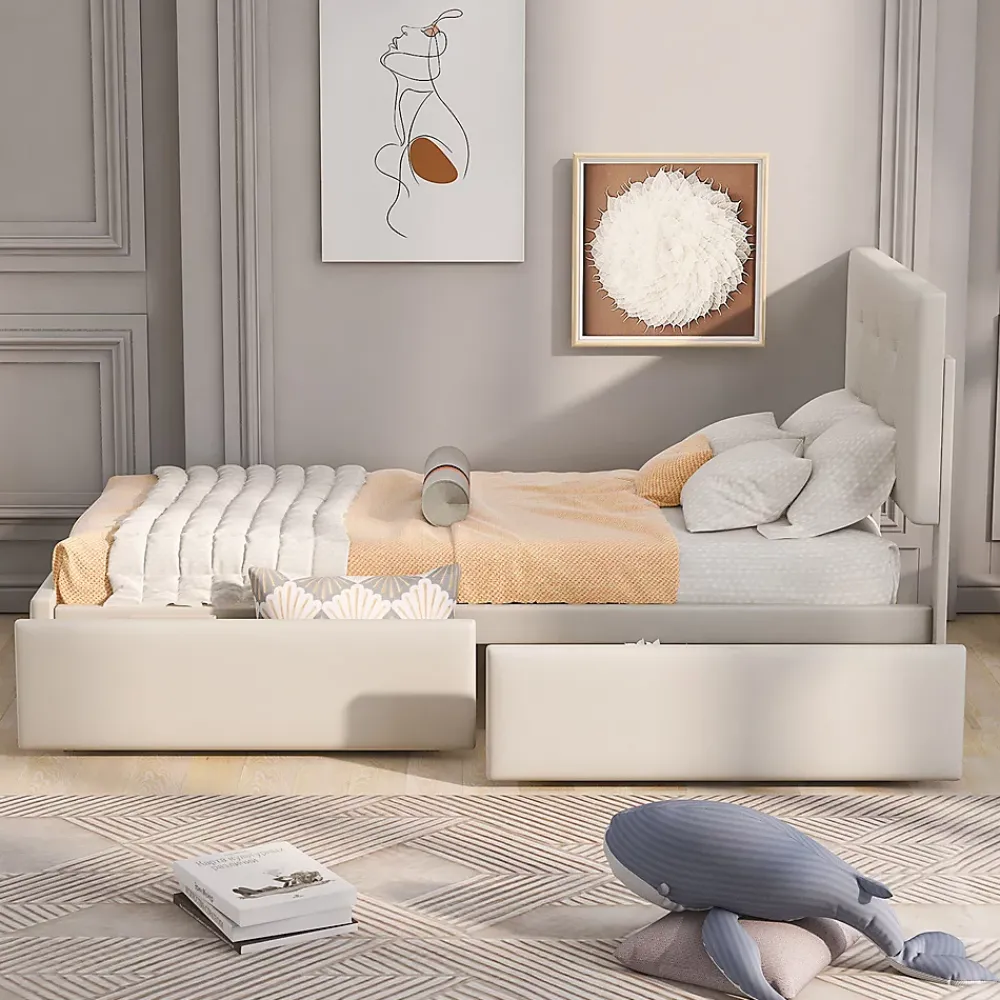 Gutent Lit adulte lit 90x200 cm lit rembourré lit 2 tiroirs lit sommier à lattes Single tissu en velours beige* Lit Simple
