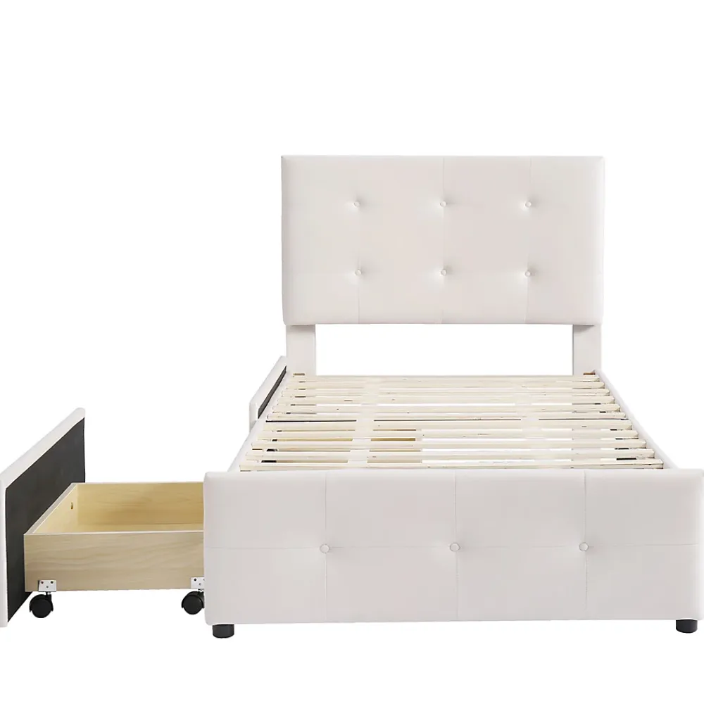 Gutent Lit adulte lit 90x200 cm lit rembourré lit 2 tiroirs lit sommier à lattes Single tissu en velours beige* Lit Simple