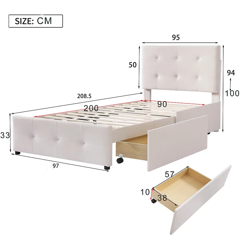 Gutent Lit adulte lit 90x200 cm lit rembourré lit 2 tiroirs lit sommier à lattes Single tissu en velours beige* Lit Simple