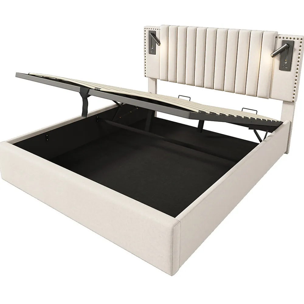 Lit adulte lit 140x200 cm lit rembourré lit de rangement avec sommier à lattes lit double coton beige>Gutent Sale