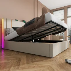 Lit adulte lit 180x200 cm lit rembourré lit de rangement lit sommier à lattes en bois lit double lin beige><noscript><img width=