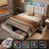 Gutent Lit adulte lit 180x200 cm lit rembourré lit 4 tiroirs lit de rangement avec sommier à lattes en bois lit double coton lin beige* Lit Avec Rangement
