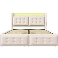 Gutent Lit adulte lit 180x200 cm lit rembourré lit 4 tiroirs lit de rangement avec sommier à lattes en bois lit double coton lin beige* Lit Avec Rangement