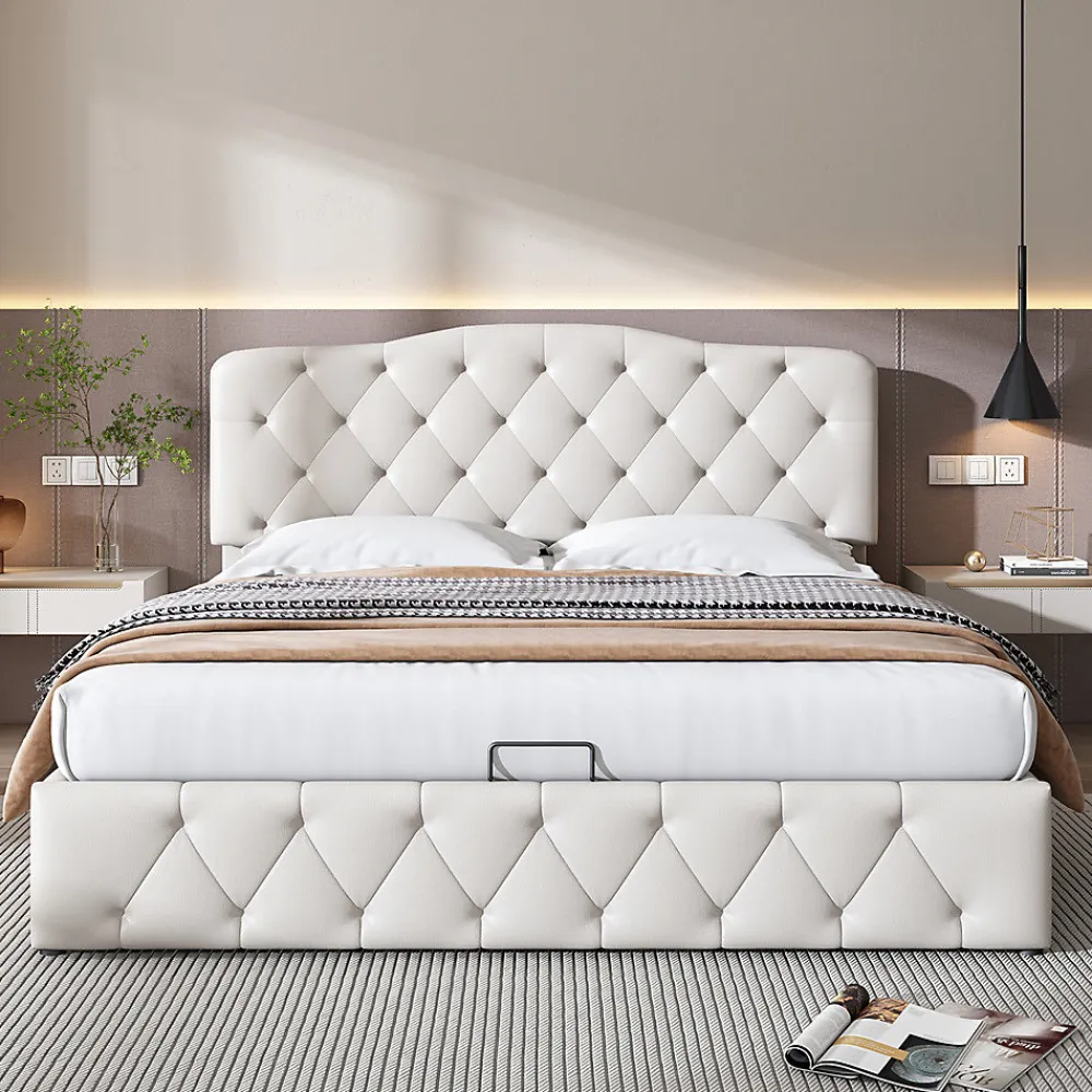 Lit adulte lit 140x200 cm lit rembourré hydraulique lit double pu blanc>Gutent Best