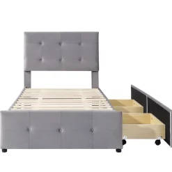 Lit adulte lit 90x200 cm lit rembourré lit 2 tiroirs lit sommier à lattes Single tissu en velours gris>Gutent Hot